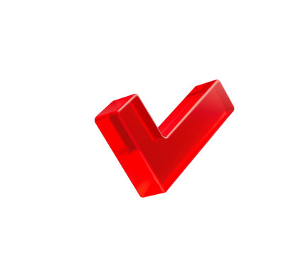 Glossy red 3D check mark icon symbolizing success approval and validation.