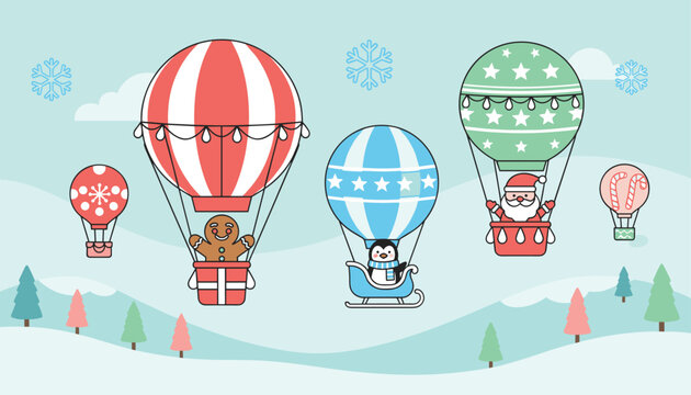 Festive hot air balloons carrying a gingerbread man, a penguin, and Santa Claus over a snowy winter landscape under a pale blue sky.