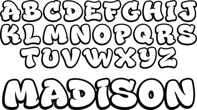 Alphabet letters and the name madison in bubble font