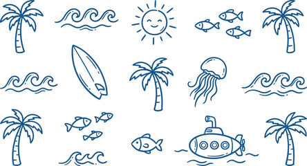 Tropical beach icons with palm trees, waves, fish, and sun ©  EngrMithun