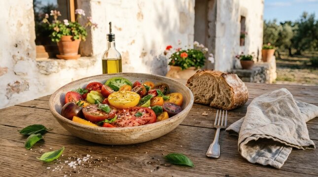 Vibrant mediterranean vegetable stew in rustic bowl on outdoor table with bread and olive oil
