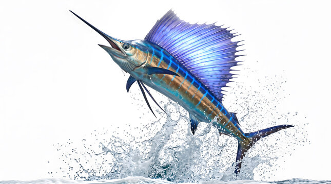 Dynamic Sailfish Swimming Right Angle View Action Profile Isolated on Pure White Background