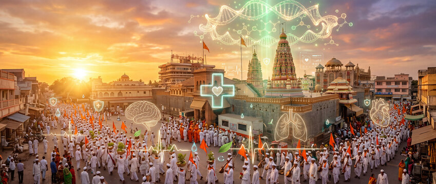 Pandharpur Ashadhi Wari with Lord Vitthal, Vitthal Temple, Warkaris, and modern health and wellness elements in a cinematic wide-angle spiritual background