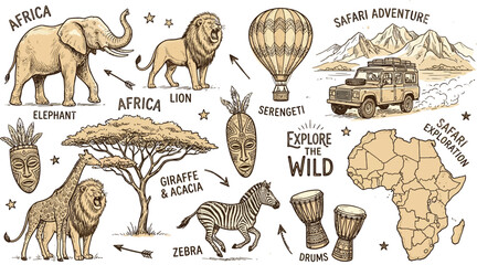 African safari adventure illustration with animals and landmarks ©  EngrMithun