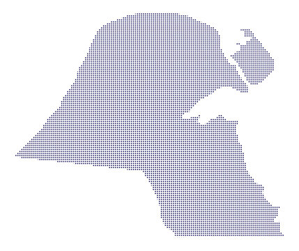 A dotted map of kuwait made of small blue circles on a plain halftone dots map