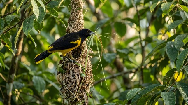 Yellow-rumped cacique bird holding grass to build a hanging nest in the forest