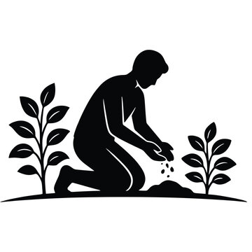 Vector illustration of a hardworking farmer making soil for plant