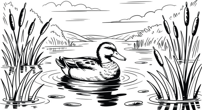 Duck preening in tranquil pond with reeds and ripples during soft daylight in a sketch style