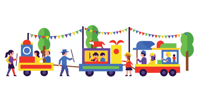 Joyful children and adults ride a colorful parade train with festive bunting and whimsical trees, evoking a sense of fun and community celebration.