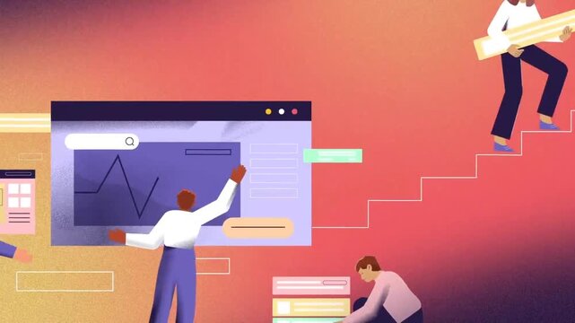 Software Development Team Collaborating on Web Application Interface and Coding Project 2D Flat Animation
