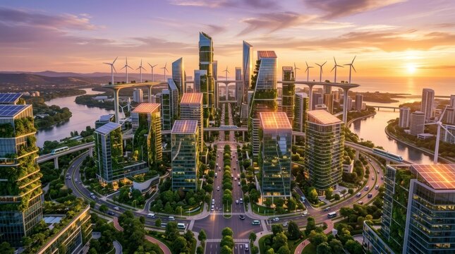 Aerial view of a futuristic sustainable cityscape at sunset with skyscrapers and wind turbines