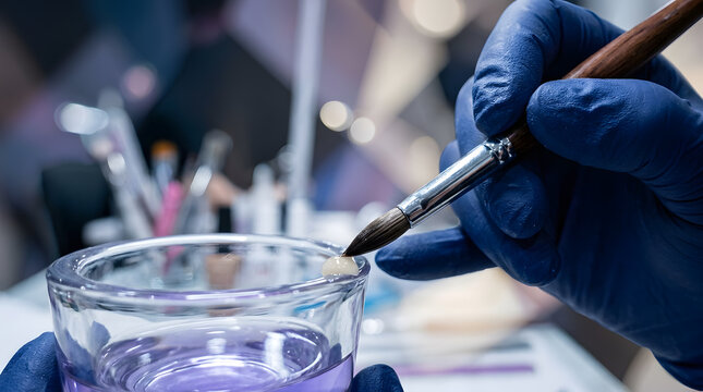 Nail technician applying acrylic bead|Manicure process with monomer liquid|Professional salon nail art tools|Blue gloved hand using acrylic brush
