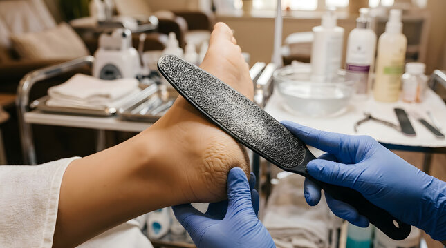 professional pedicure treatment for dry feet | removing calluses from heel with foot file | podiatry foot care procedure in spa salon