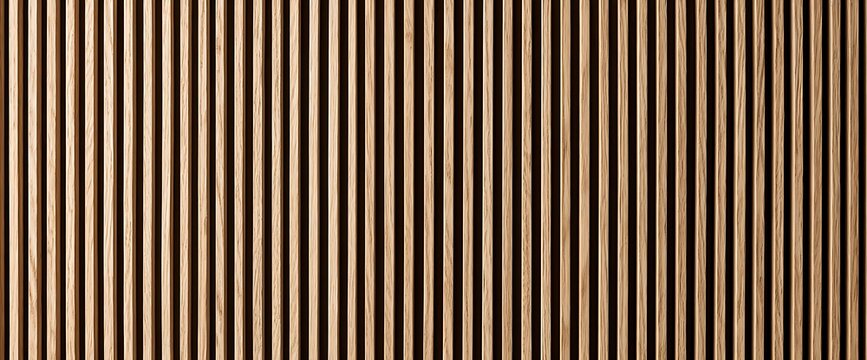 Natural wood slat wall texture, vertical timber battens background, decorative wooden paneling for interior design and architectural visualization