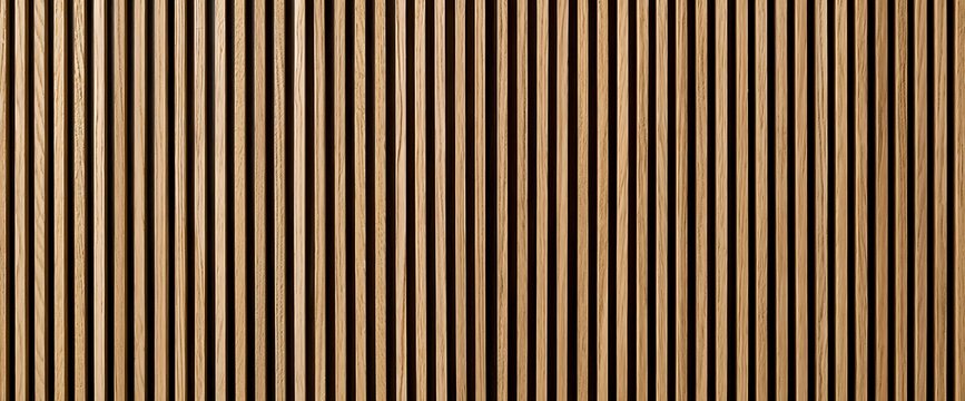 Natural wood slat wall texture, vertical timber battens background, decorative wooden paneling for interior design and architectural visualization