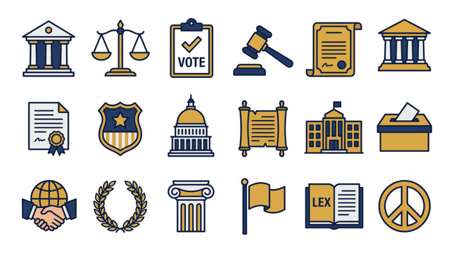 Set of professional law and justice flat icons featuring courthouse scales gavel and voting ballot on white background, representing democratic government and symbolizing legal system
