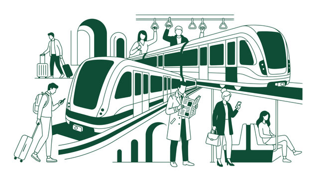 Minimalist illustration of diverse passengers commuting on modern metro trains with suitcases and newspapers, symbolizing urban transport efficiency and provides a scene of city life mobility