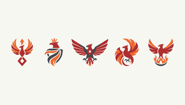 Legendary phoenix bird logo designs set featuring fiery mythical firebird with wings spread, branding templates.