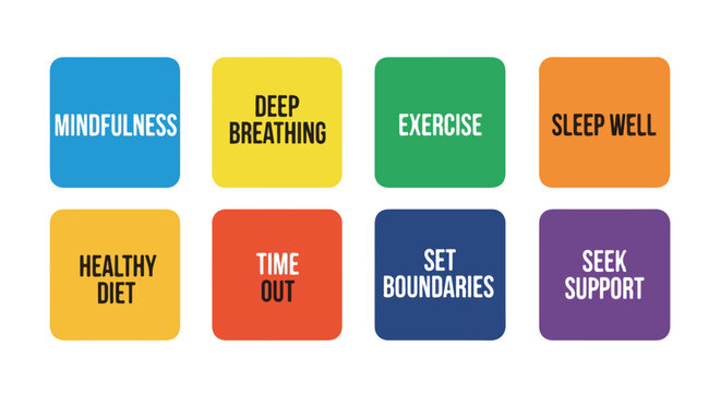 Vibrant, colorful squares with positive self-care phrases like "mindfulness", "deep breathing", "exercise", "sleep well", "healthy diet", "time out", "set boundaries", and "seek