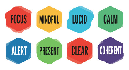Fototapeta premium Vibrant hexagonal badges displaying positive mental states: focus, mindful, lucid, calm, alert, present, clear, coherent, in bold black text against a white backdrop, perfect for