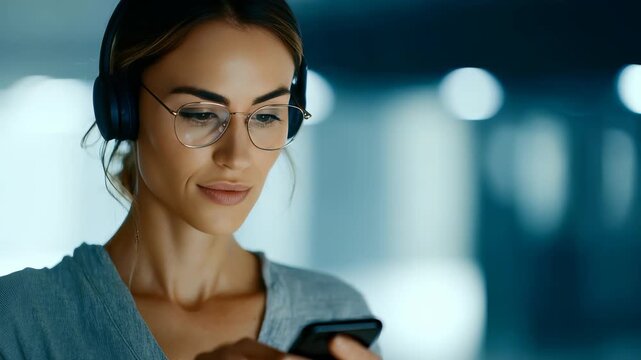 A stylish professional woman listens to audio while interacting with her smartphone in a contemporary workspace. The glowing blue light adds a dynamic, high tech atmosphere to the scene