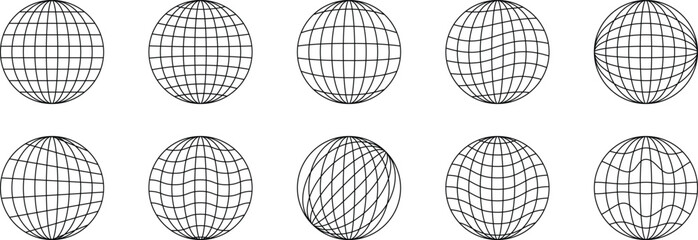 Wireframe globe sphere set with geometric grid mesh and abstract longitude latitude lines. Modern global network symbols perfect for technology, mapping, branding, and scientific design projects.  © Parul