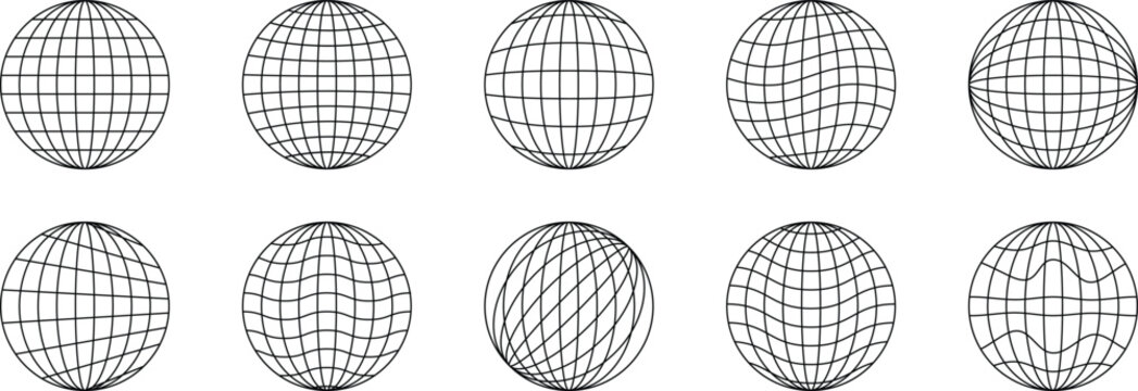 Wireframe globe sphere set with geometric grid mesh and abstract longitude latitude lines. Modern global network symbols perfect for technology, mapping, branding, and scientific design projects. 