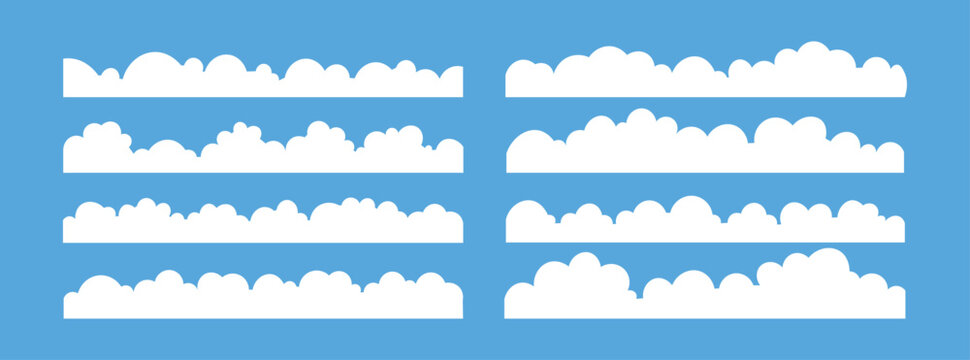 Cloud border vector set with fluffy white cloud dividers for weather, sky, nursery, branding, banners, and creative graphic design projects. Clean cartoon illustration. Perfect for backgrounds 