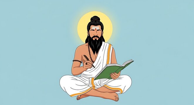 Illustration of a guru writing in a book, bathed in a celestial glow, cross-legged
