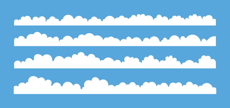 Cloud border vector set with fluffy white cloud dividers for weather, sky, nursery, branding, banners, and creative graphic design projects. Clean cartoon illustration. Perfect for backgrounds 