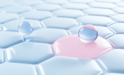 Fototapeta premium 3D render of futuristic skincare science, macro view of translucent human skin cells with soft pastel blue and pink tones, glossy transparent hydration bubbles floating above cellular surface