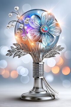 Refined Jewelryinspired Glass Orb Featuring Luminous Metallic Flower And Sparkling Decorative Elements