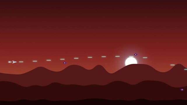 Abstract Spaceship Fleet Navigates Alien Sunset Landscape