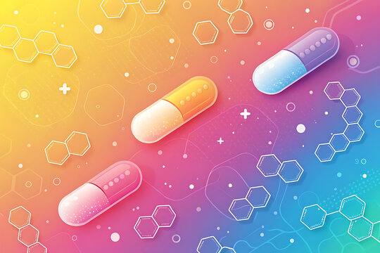 Minimal abstract gradient wallpaper, luminous yellow, peach, hot pink, electric blue, and violet transitions, floating frosted glass pill shapes, subtle white hexagonal texture, clean geometric compos