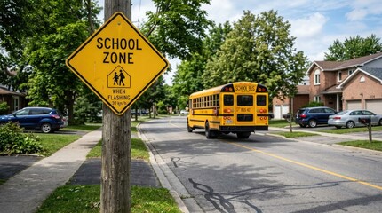 Obraz premium Back to school safety yellow school bus driving through residential neighborhood with school zone sign