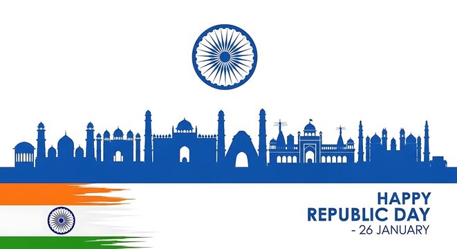 Illustration of Indian Republic Day with flag colors, skyline, Ashok Chakra