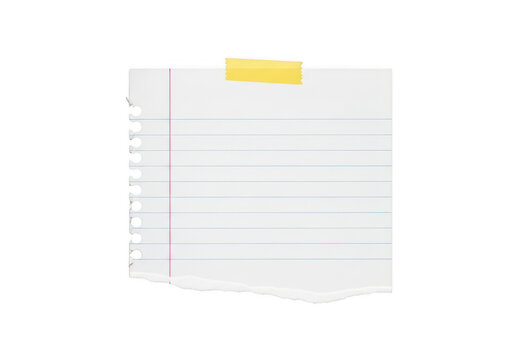 White lined paper note attached with yellow masking tape isolated on transparent background