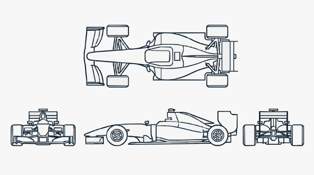 Technical Formula One Racing Car Line Drawing.