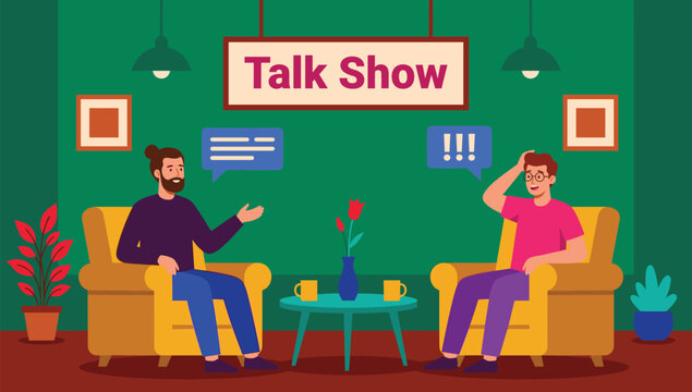 Two men having a conversation during a talk show . Host interviewing guest on armchairs, flat design vector illustration .