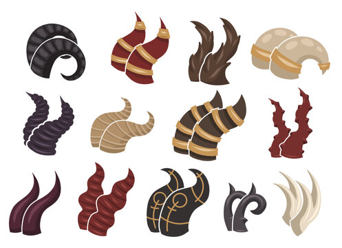 Vector set of flat of various devil horns side view. Mythology and witchcraft accessories. Collection of magical fantasy horns