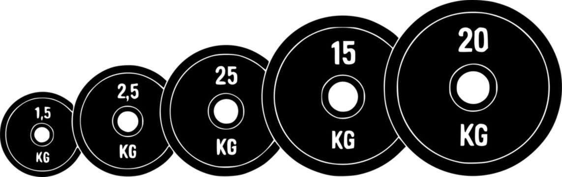 Black silhouette barbell weight plate icon set with different kilogram masses, representing bodybuilding gym equipment, powerlifting strength training, and fitness workouts.
