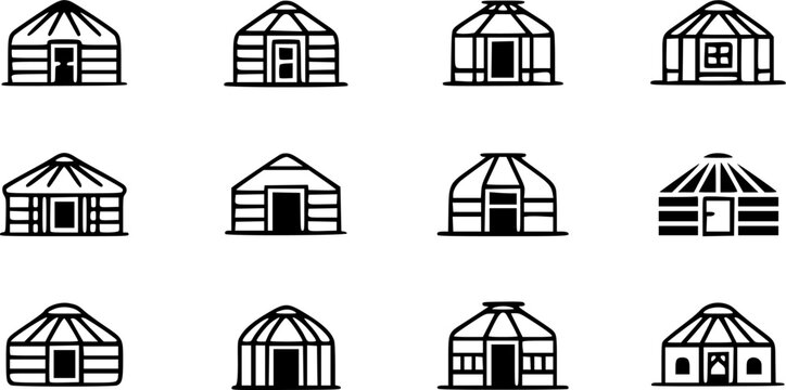 Minimalist linear icon set of traditional Mongolian yurts and Central Asian nomad tents, representing ethnic round houses, indigenous dwellings, steppes lifestyle, and glamping tourism.