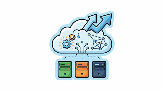 Animated cloud computing graphic with servers gears and data network
