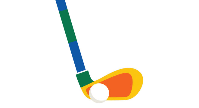 Bold orange and yellow golf club with green and blue shaft poised to strike white ball, clean lines, dynamic composition, sports theme, active recreation, outdoor game.