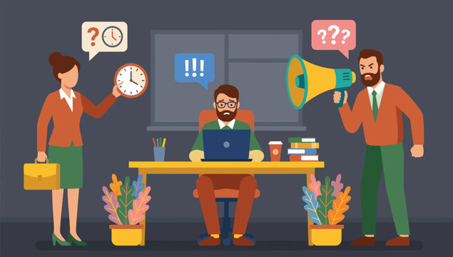 Stressed employee typing on laptop under pressure . Angry boss shouting with megaphone, deadlines, flat design vector illustration .