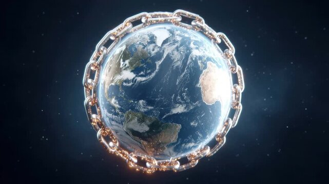 Digital illustration of Earth surrounded by a glowing metallic chain representing global connection, security, and protection in outer space environment