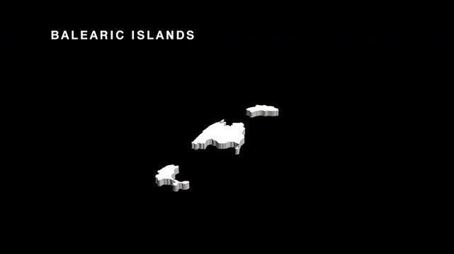 Balearic islands white 3d map rotating on black background