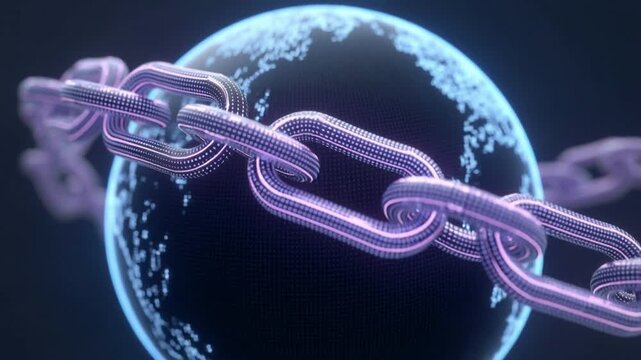 Futuristic digital globe wrapped with glowing metallic chain link representing strong global connection and secure network concept in technology design