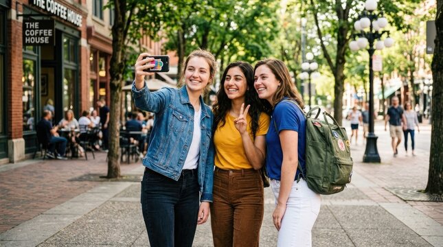Back to school three young women taking a selfie on a college campus street during autumn