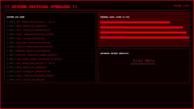 System Critical Overload Kernel Thermal Failure Hacker Attack Animation Red Cyber Crash Loop.